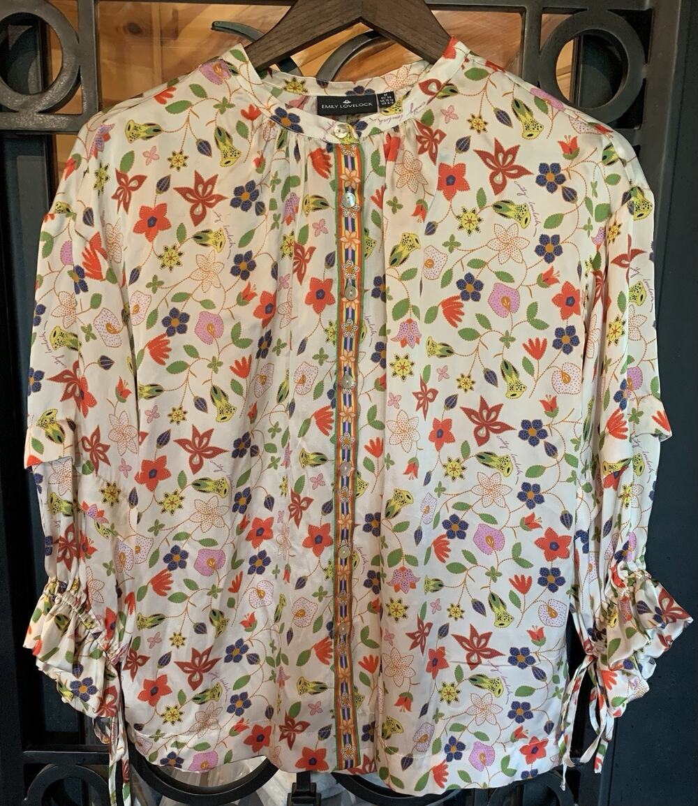 Emily Lovelock 100% Silk Bertha Blouse Floral Button Up Womens M